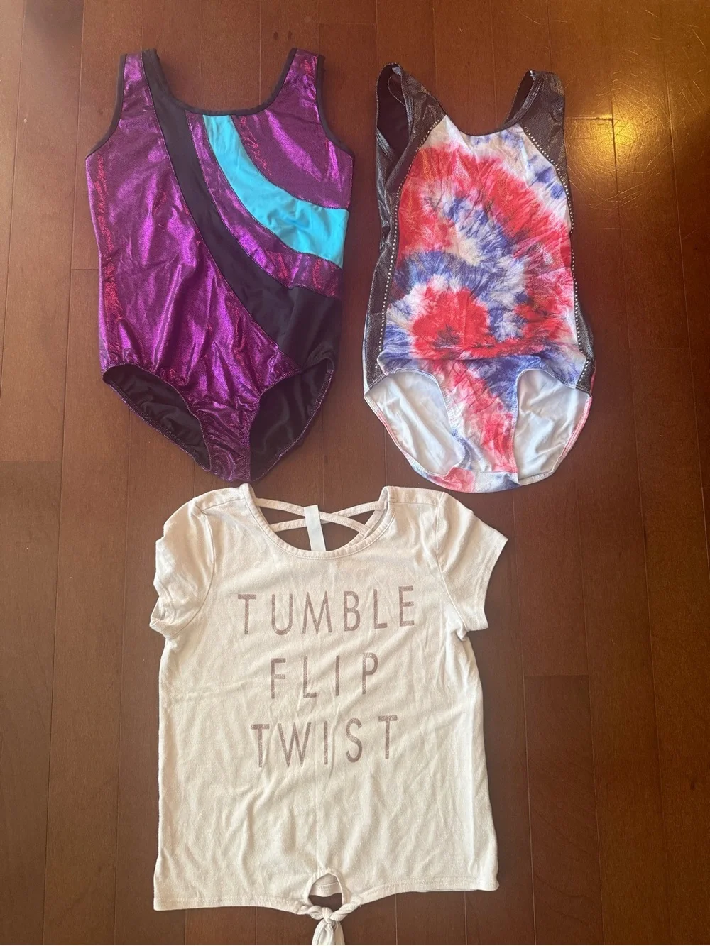 Girls Purple Metallic Gymnastics Leotard tie dye red white blue leo & pink tshir